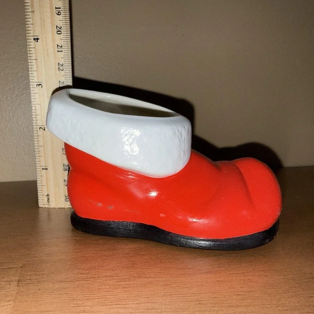 Vintage Ceramic Santa Boot Planter Christmas Candy Dish Red White Holiday Decor